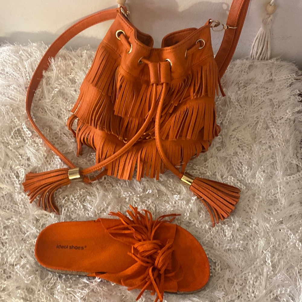 Orange fringe crossbody with orange fringe slides